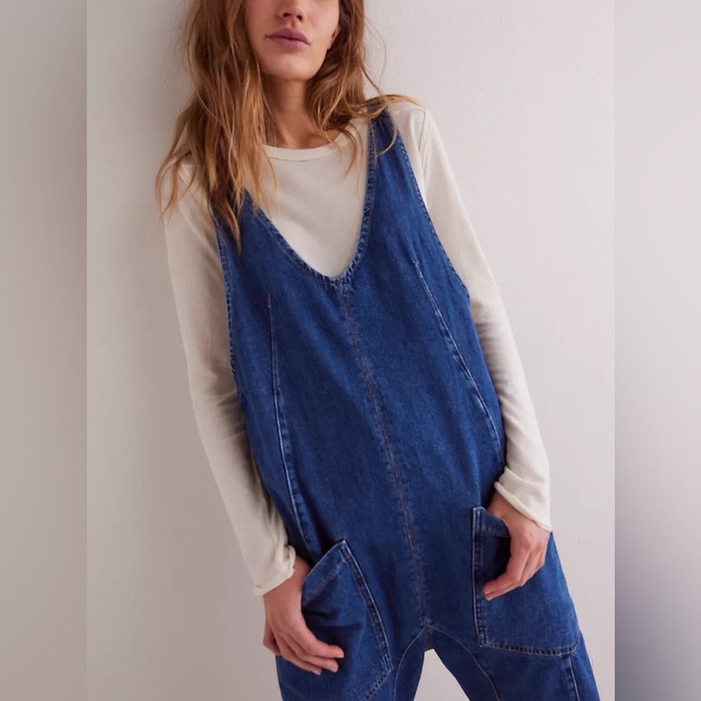 Free People High Roller Jumpsuit in Denim XL